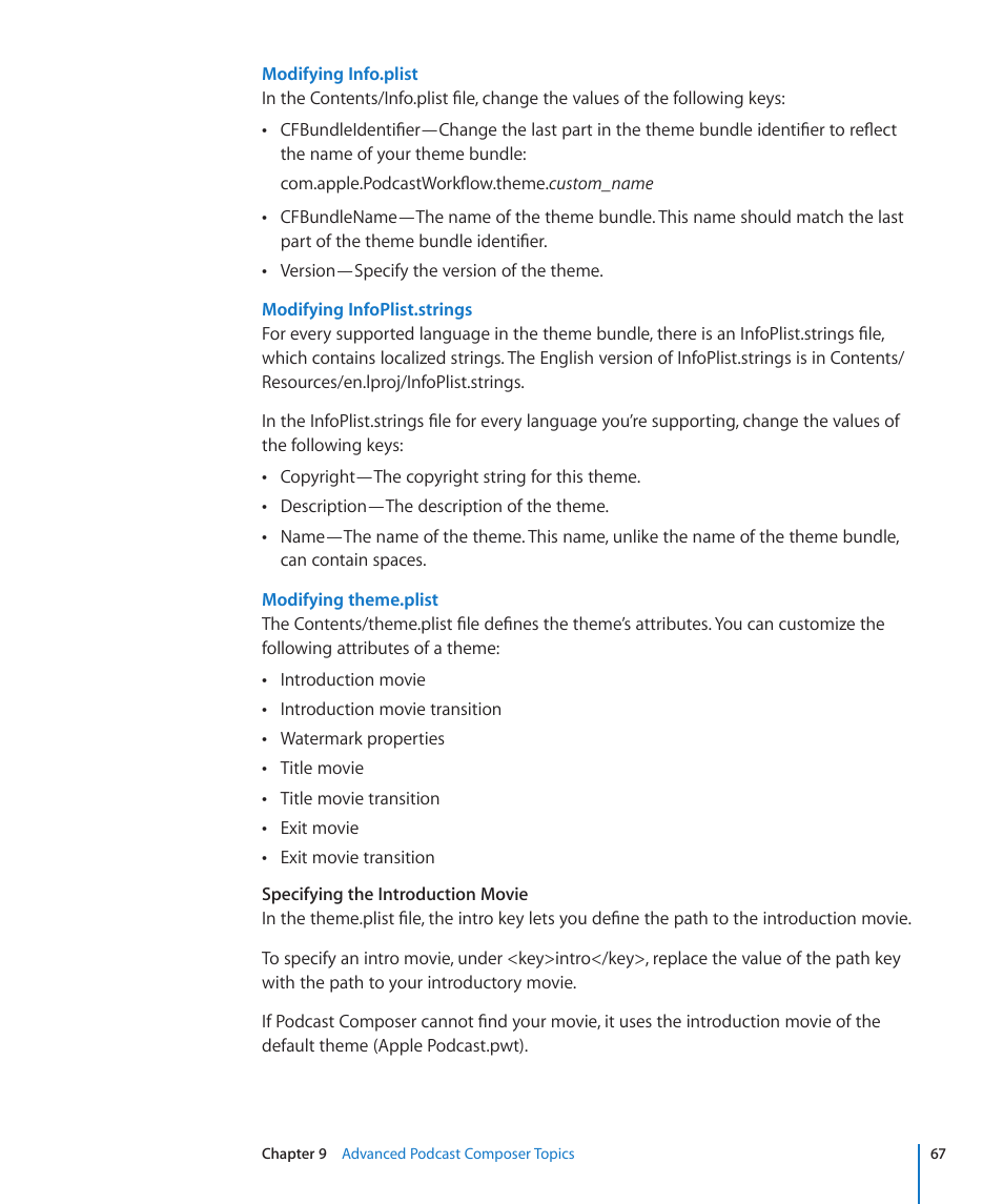 Modifying info.plist, Modifying infoplist.strings, Modifying theme.plist | Apple Mac OS X Server v10.6 User Manual | Page 67 / 76