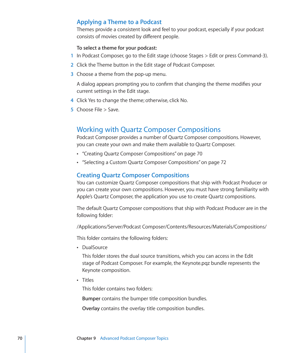 Applying a theme to a podcast, Working with quartz composer compositions, Creating quartz composer compositions | 70 working with quartz composer compositions 70 | Apple Mac OS X Server v10.6 User Manual | Page 70 / 76
