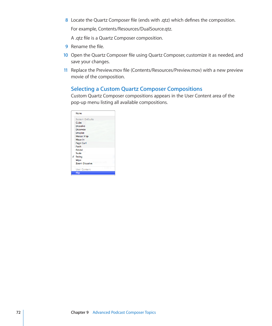 Selecting a custom quartz composer compositions | Apple Mac OS X Server v10.6 User Manual | Page 72 / 76