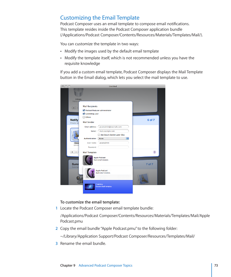 Customizing the email template, 73 customizing the email template | Apple Mac OS X Server v10.6 User Manual | Page 73 / 76
