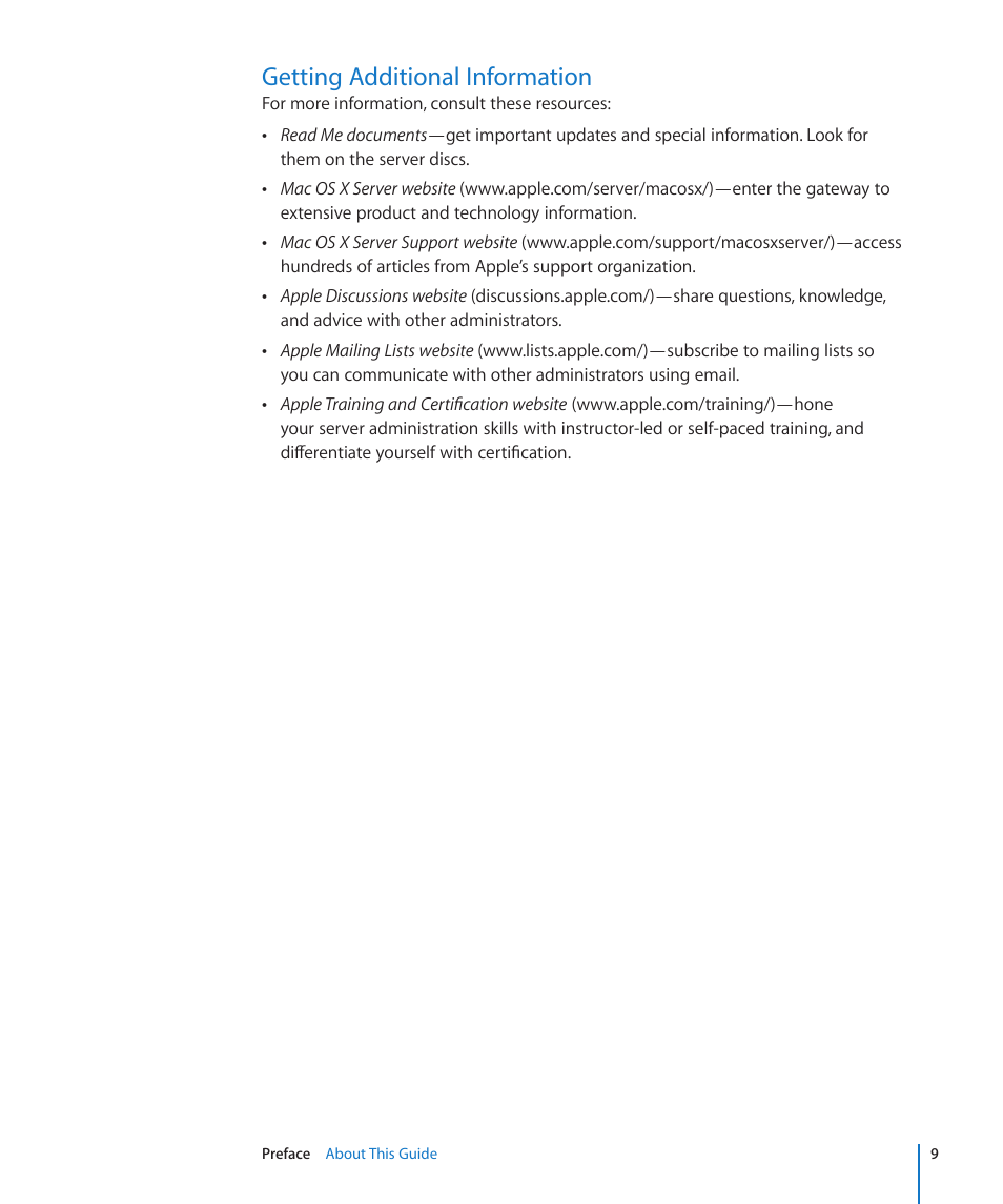 Getting additional information | Apple Mac OS X Server v10.6 User Manual | Page 9 / 76