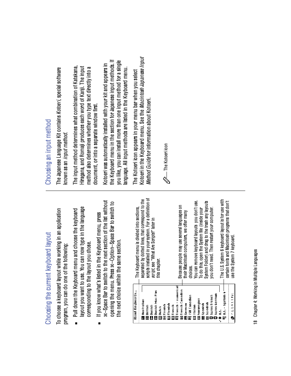 Ch oo sin g th e cu rr en t k ey bo ar d lay ou t, Ch oo sin g an in pu t m et ho d | Apple Macintosh Japanese Language Kit User Manual | Page 22 / 30