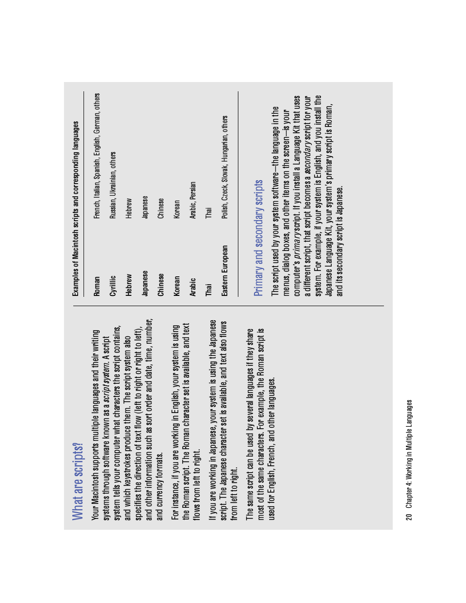 Wha t a re sc rip ts, Pr im ar y an d se co nd ar y s cr ip ts | Apple Macintosh Japanese Language Kit User Manual | Page 24 / 30