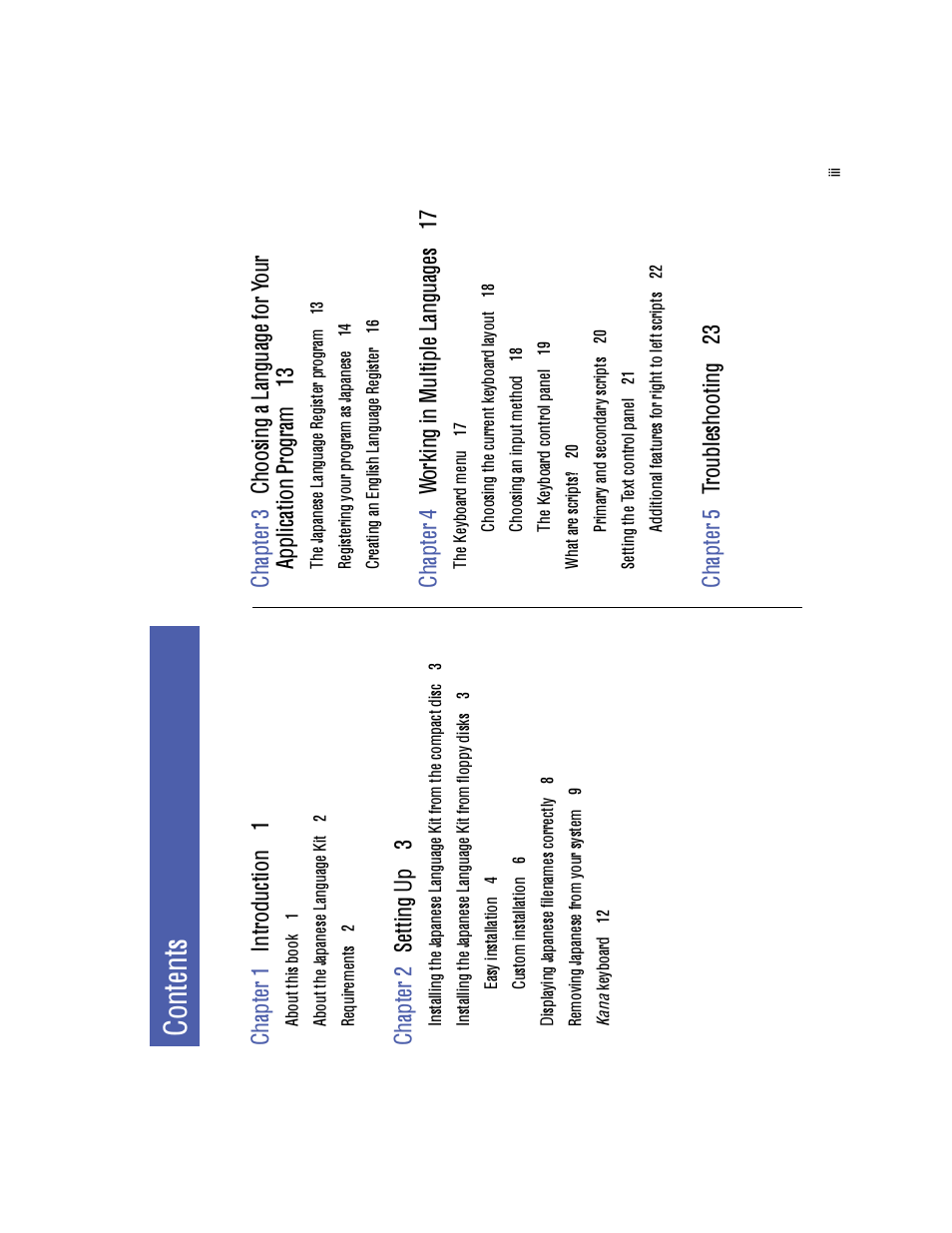 Co nt en ts, Ch ap te r 1 in tro du ct io n 1, Ch ap te r 2 se tti ng u p 3 | Ch ap te r 5 tr ou bl es ho ot in g 23 | Apple Macintosh Japanese Language Kit User Manual | Page 3 / 30