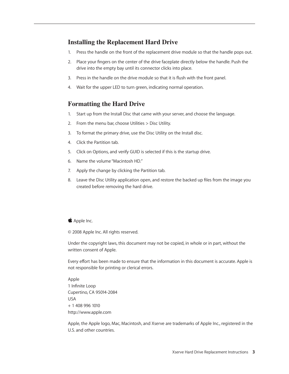 Installing the replacement hard drive, Formatting the hard drive | Apple Xserve (Early 2008) DIY Procedure for Hard Drive User Manual | Page 3 / 3