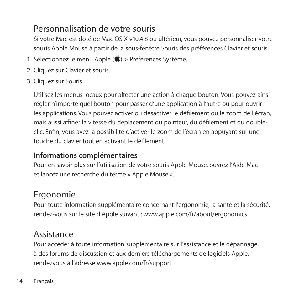 Personnalisation de votre souris, Ergonomie, Assistance | Apple Mouse User Manual | Page 14 / 28