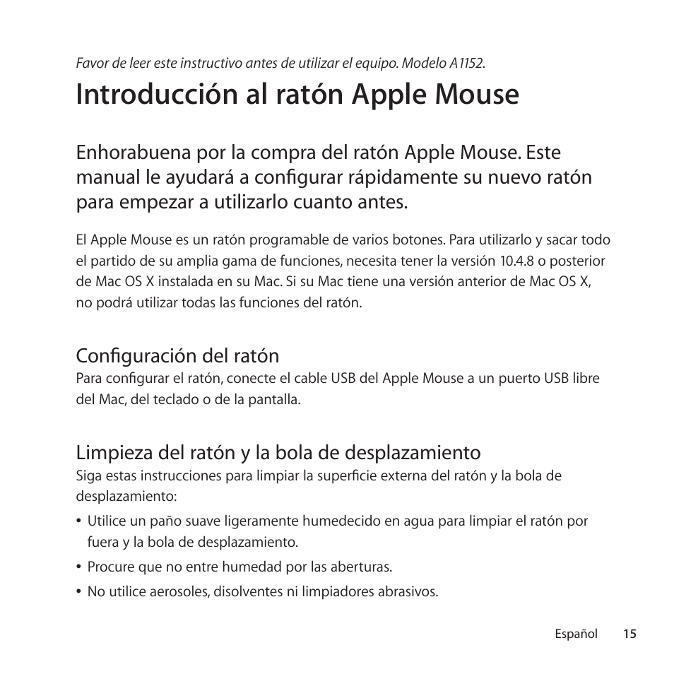 Introducción al ratón apple mouse, Configuración del ratón, Limpieza del ratón y la bola de desplazamiento | Apple Mouse User Manual | Page 15 / 28