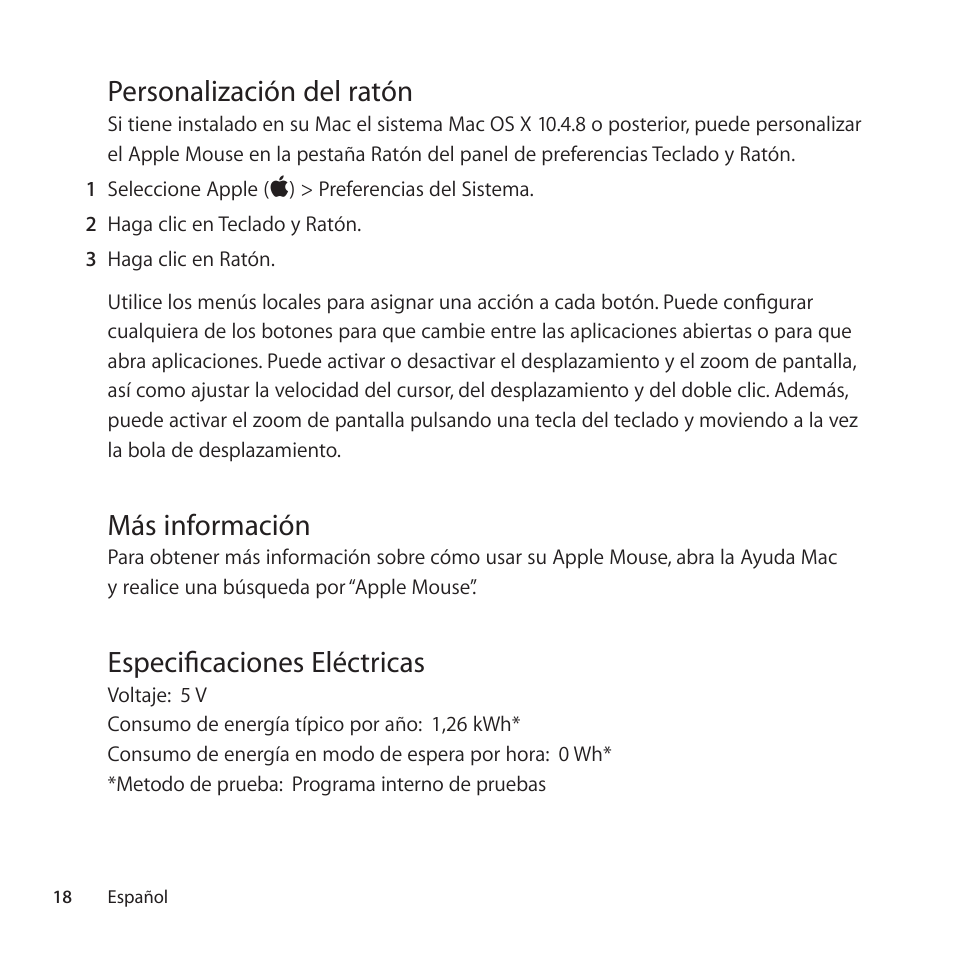 Personalización del ratón, Más información, Especificaciones eléctricas | Apple Mouse User Manual | Page 18 / 28