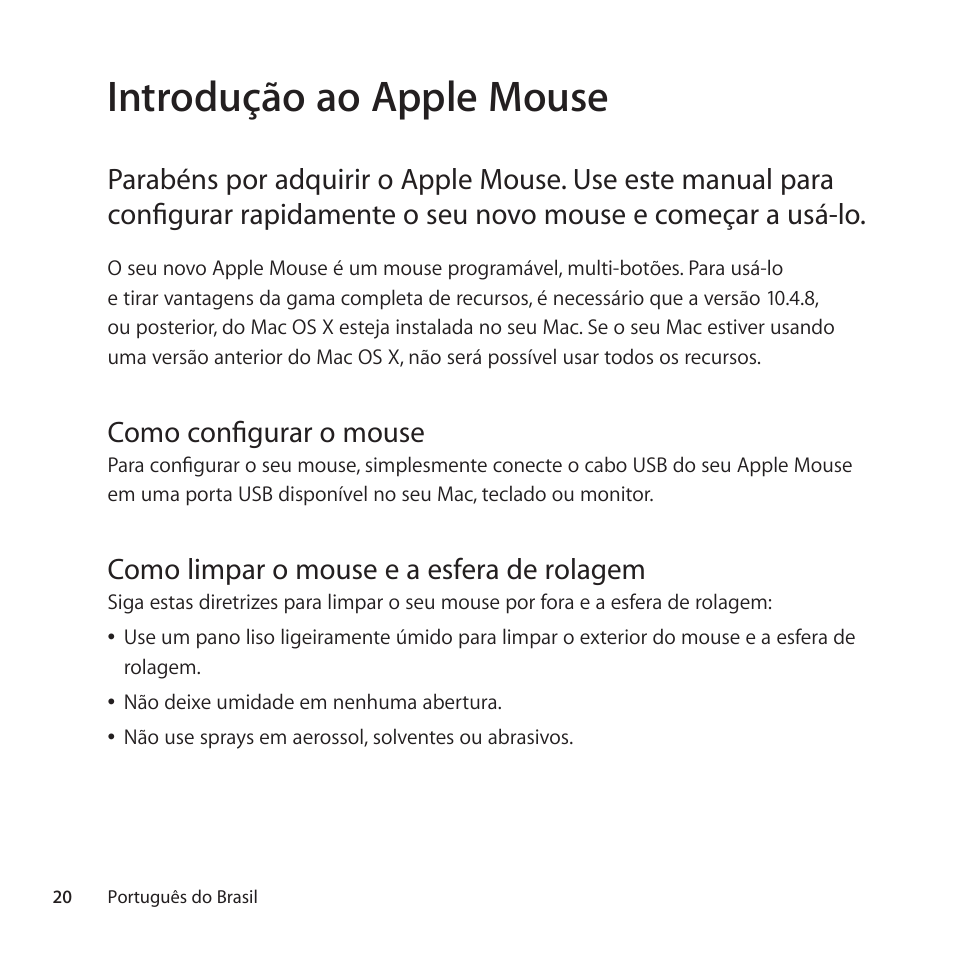 Introdução ao apple mouse, Como configurar o mouse, Como limpar o mouse e a esfera de rolagem | Apple Mouse User Manual | Page 20 / 28