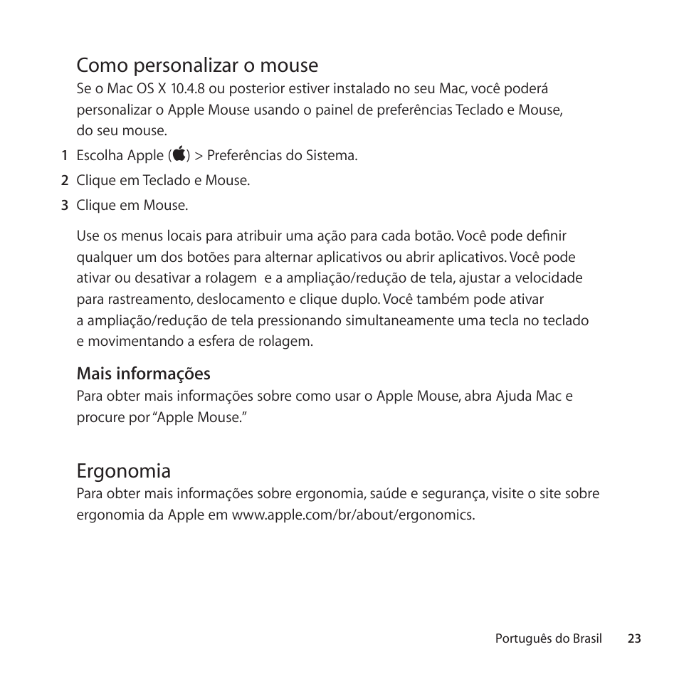 Como personalizar o mouse, Ergonomia | Apple Mouse User Manual | Page 23 / 28