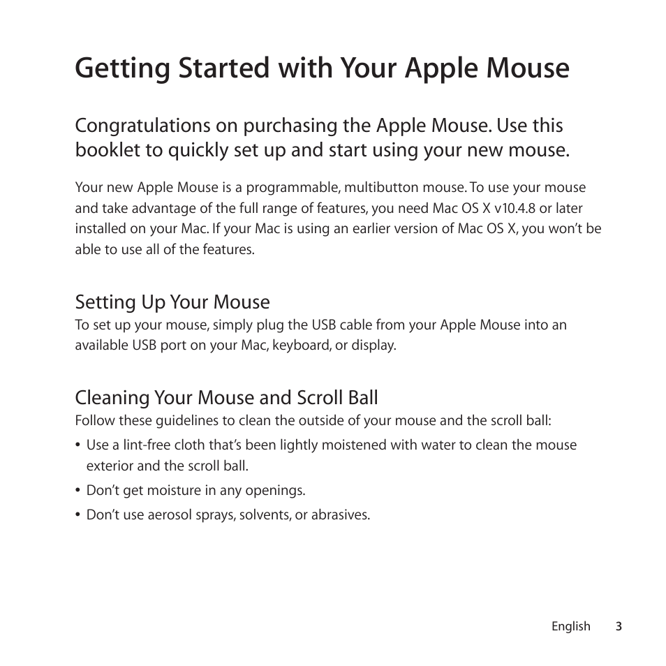 Getting started with your apple mouse, Setting up your mouse, Cleaning your mouse and scroll ball | Apple Mouse User Manual | Page 3 / 28