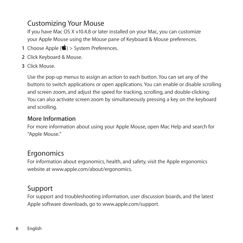 Customizing your mouse, Ergonomics, Support | Apple Mouse User Manual | Page 6 / 28