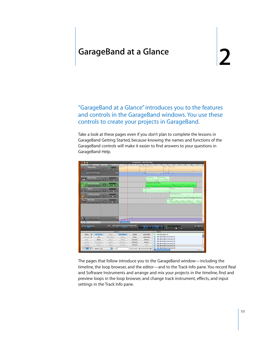 Garageband at a glance, Chapter 2 | Apple GarageBand 3 User Manual | Page 11 / 98