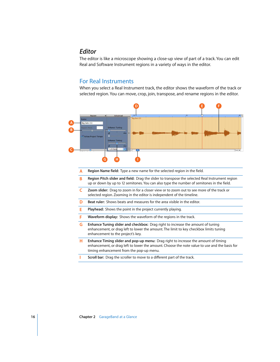 Editor, For real instruments | Apple GarageBand 3 User Manual | Page 16 / 98