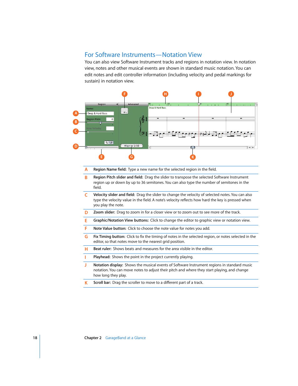 For software instruments—notation view | Apple GarageBand 3 User Manual | Page 18 / 98