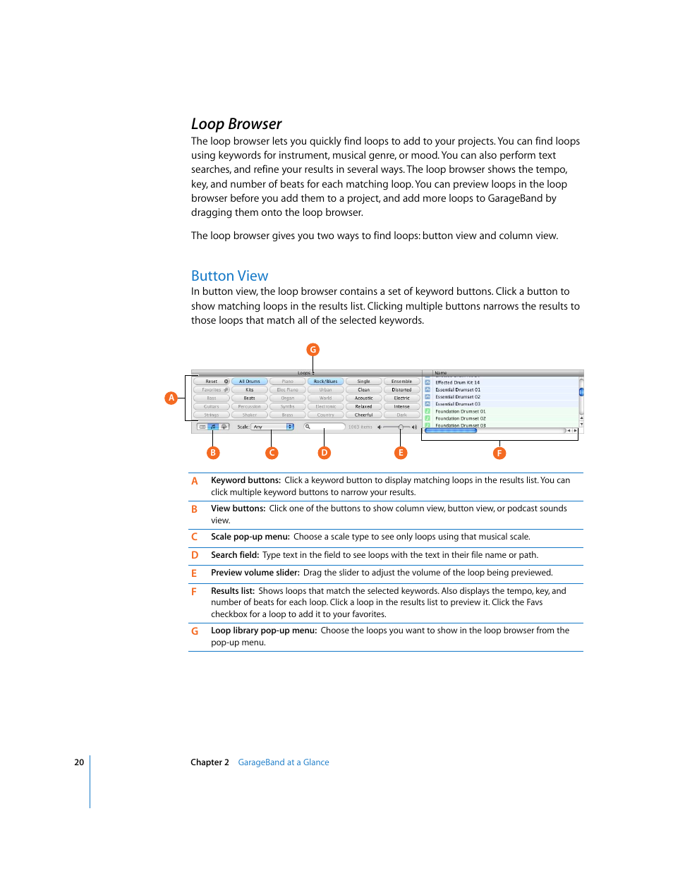 Loop browser, Button view | Apple GarageBand 3 User Manual | Page 20 / 98