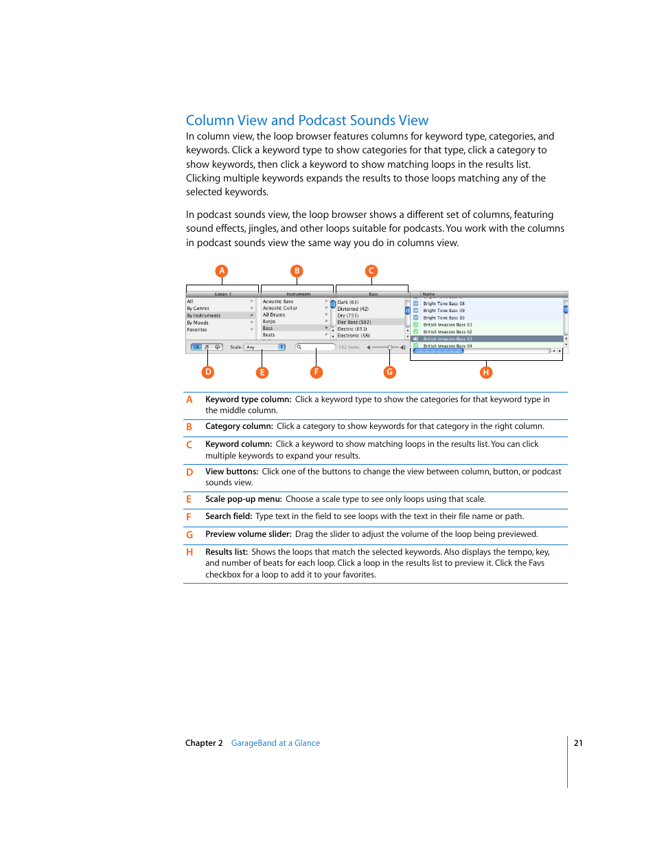 Column view and podcast sounds view | Apple GarageBand 3 User Manual | Page 21 / 98