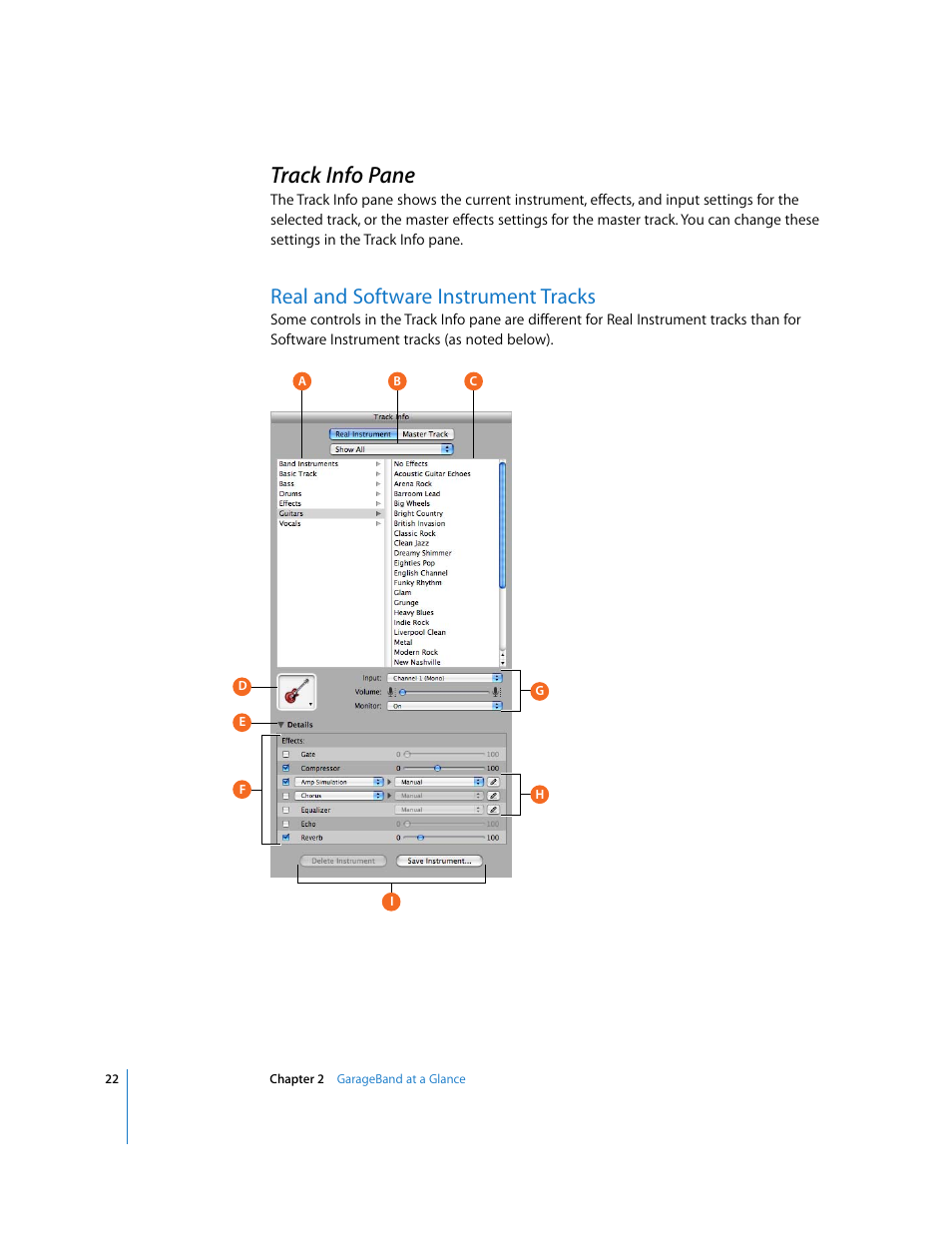 Track info pane, Real and software instrument tracks | Apple GarageBand 3 User Manual | Page 22 / 98