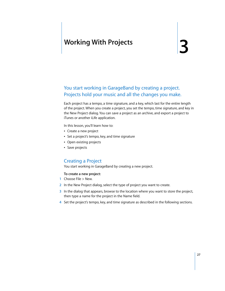 Working with projects, Creating a project, Chapter 3 | Working with projects” de | Apple GarageBand 3 User Manual | Page 27 / 98