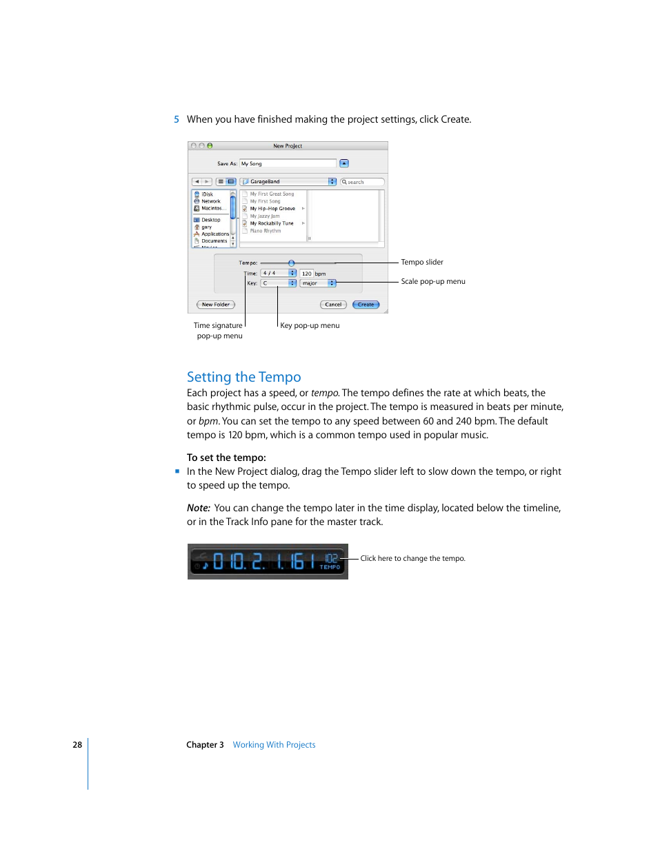 Setting the tempo | Apple GarageBand 3 User Manual | Page 28 / 98