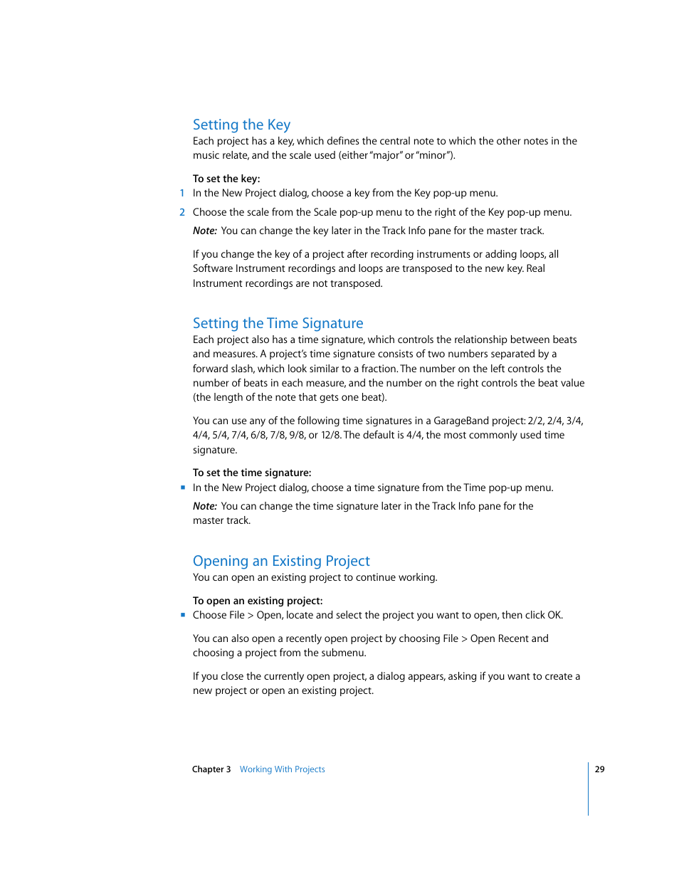 Setting the key, Setting the time signature, Opening an existing project | Apple GarageBand 3 User Manual | Page 29 / 98