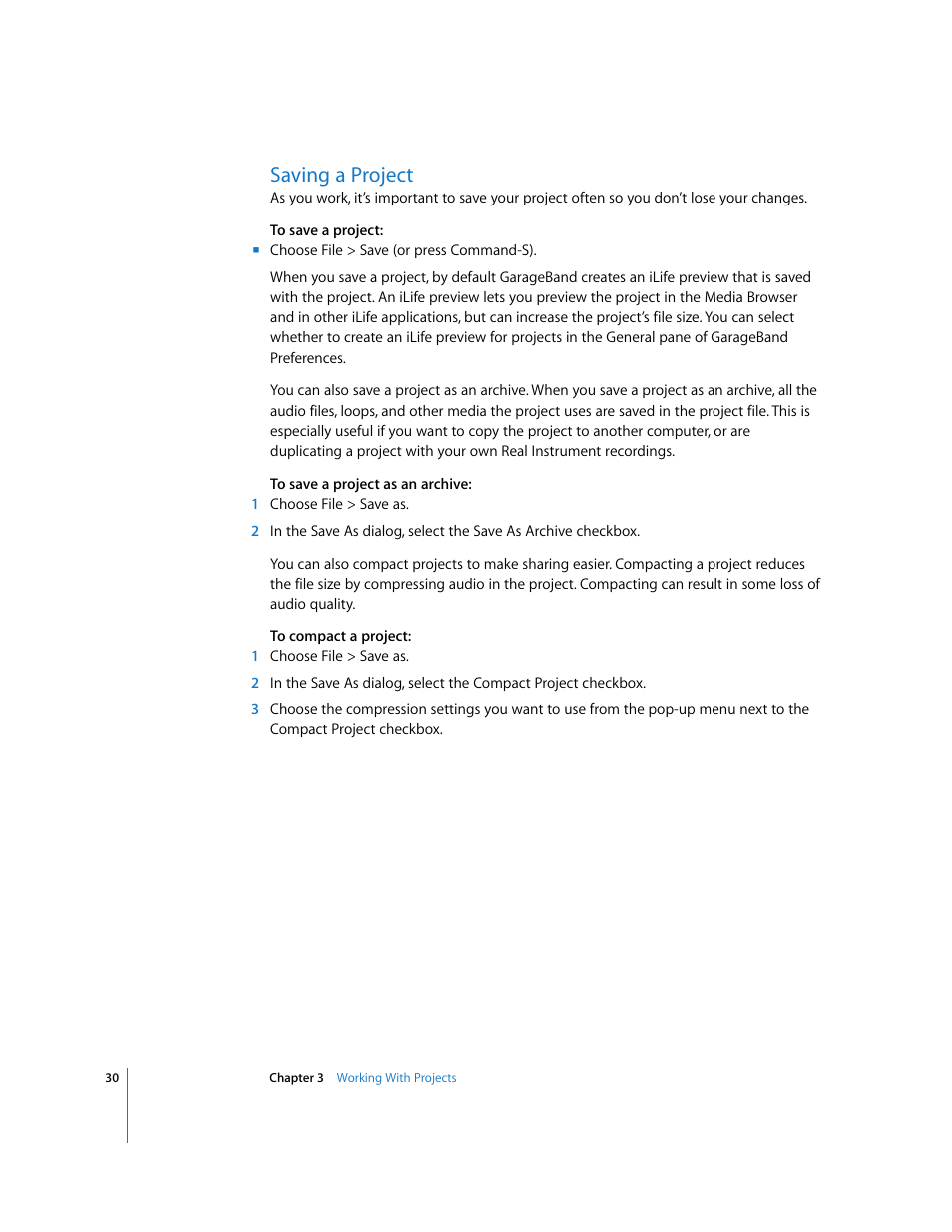 Saving a project | Apple GarageBand 3 User Manual | Page 30 / 98