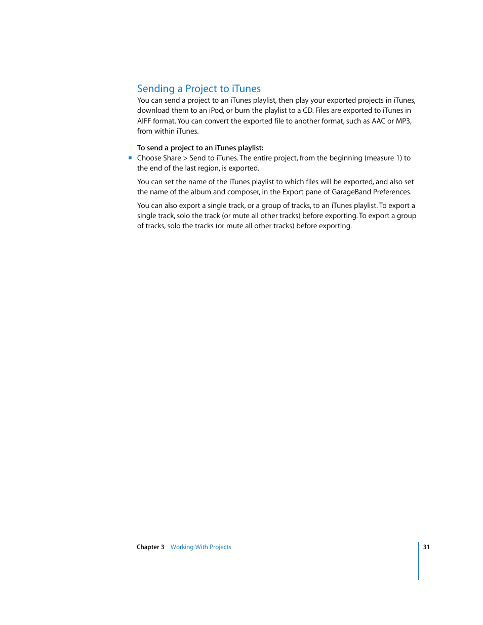 Sending a project to itunes | Apple GarageBand 3 User Manual | Page 31 / 98