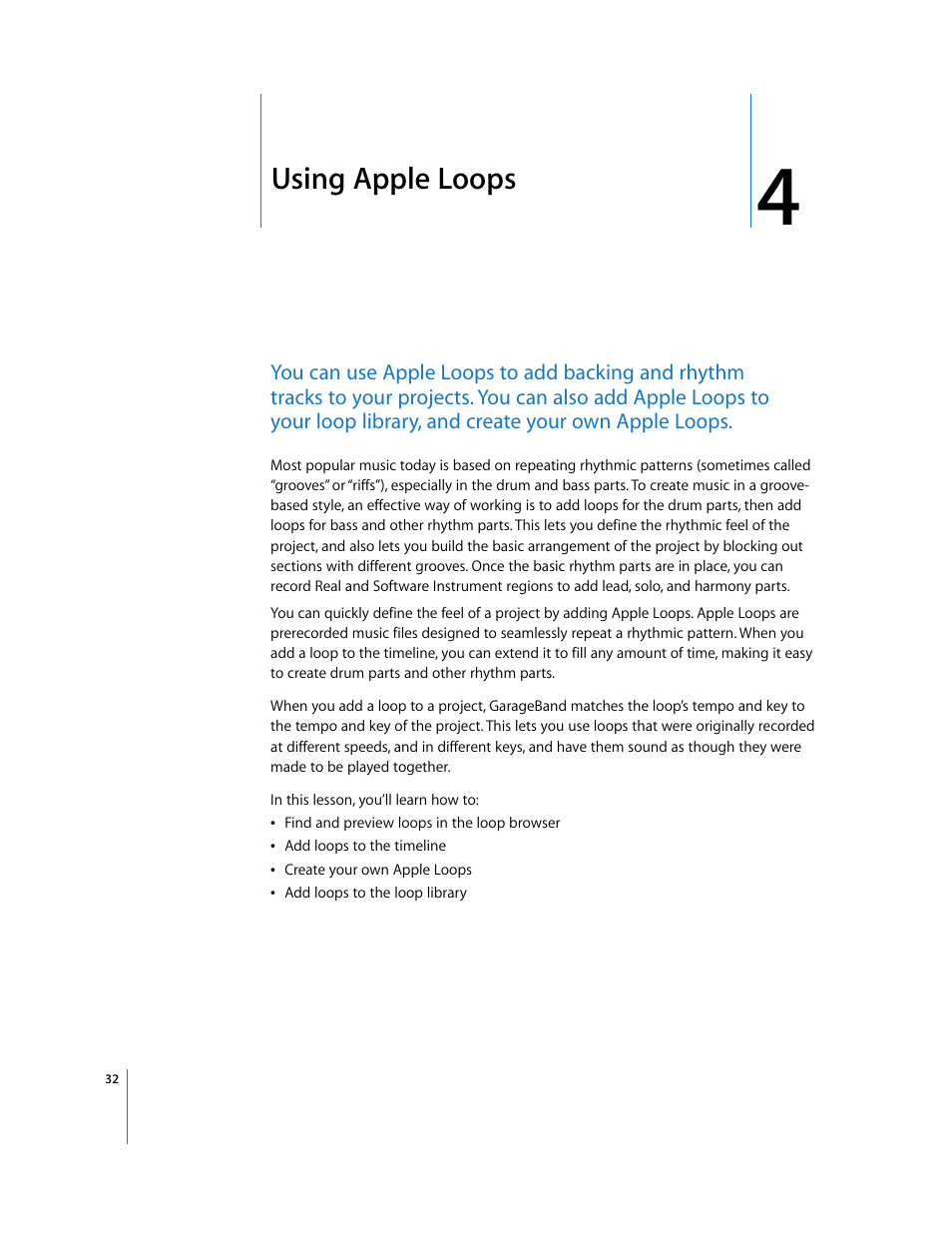 Using apple loops, Chapter 4, Using apple loops” de | Apple GarageBand 3 User Manual | Page 32 / 98