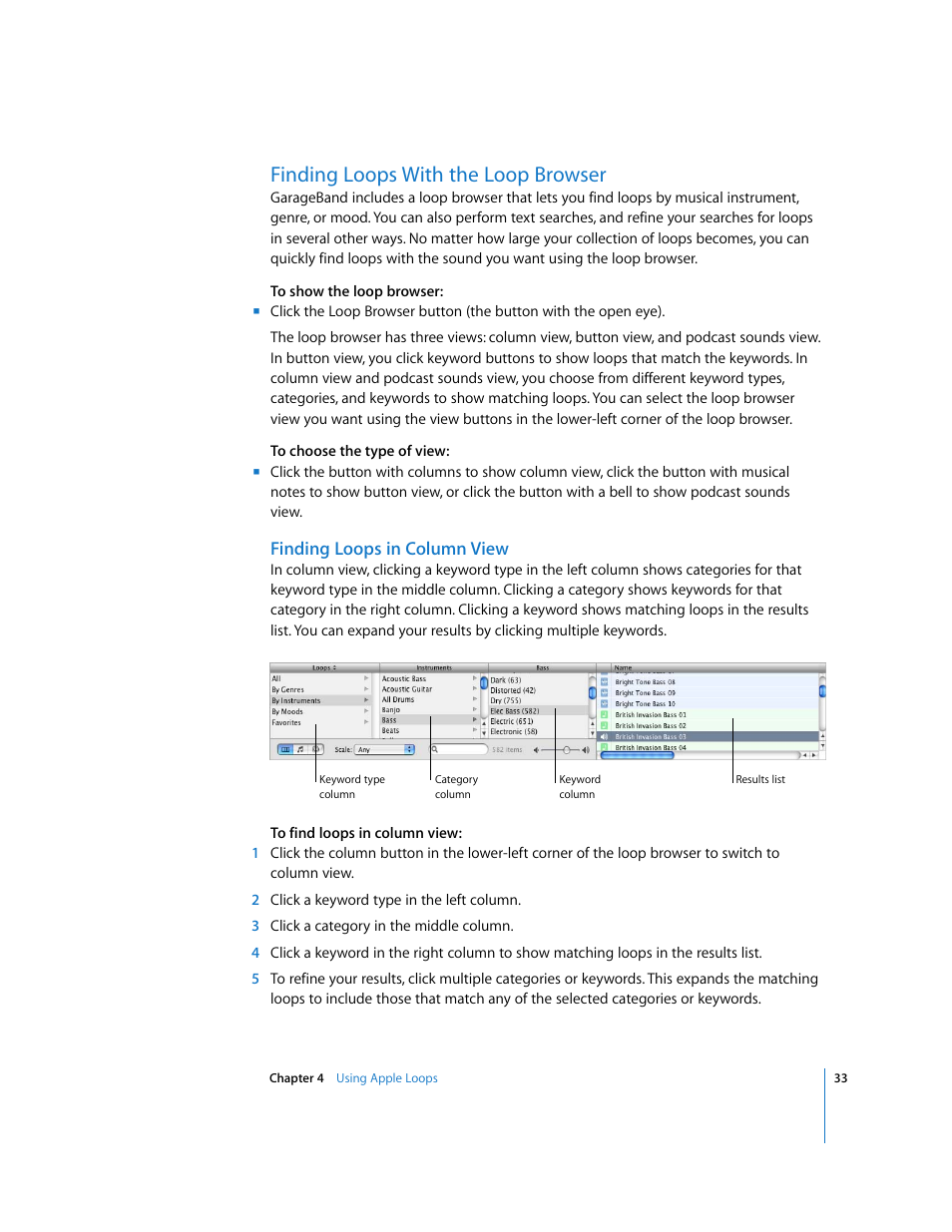 Finding loops with the loop browser, Finding loops in column view | Apple GarageBand 3 User Manual | Page 33 / 98