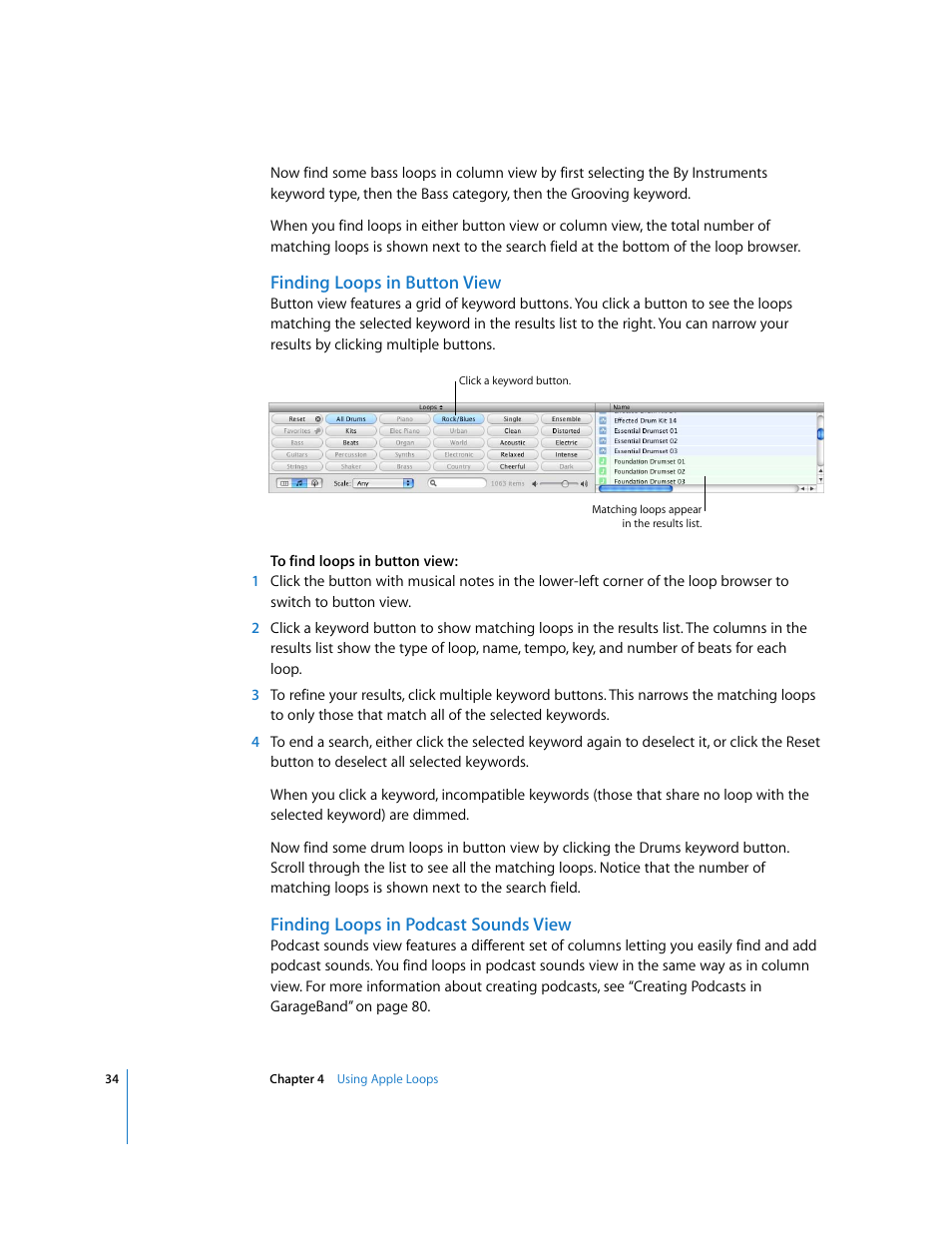 Finding loops in button view, Finding loops in podcast sounds view | Apple GarageBand 3 User Manual | Page 34 / 98