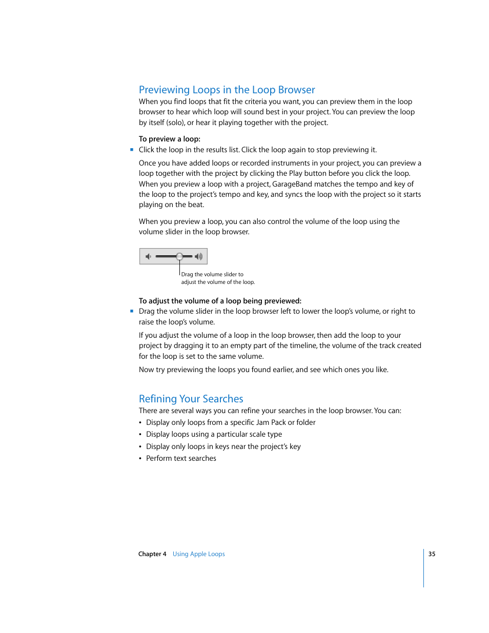 Previewing loops in the loop browser, Refining your searches | Apple GarageBand 3 User Manual | Page 35 / 98