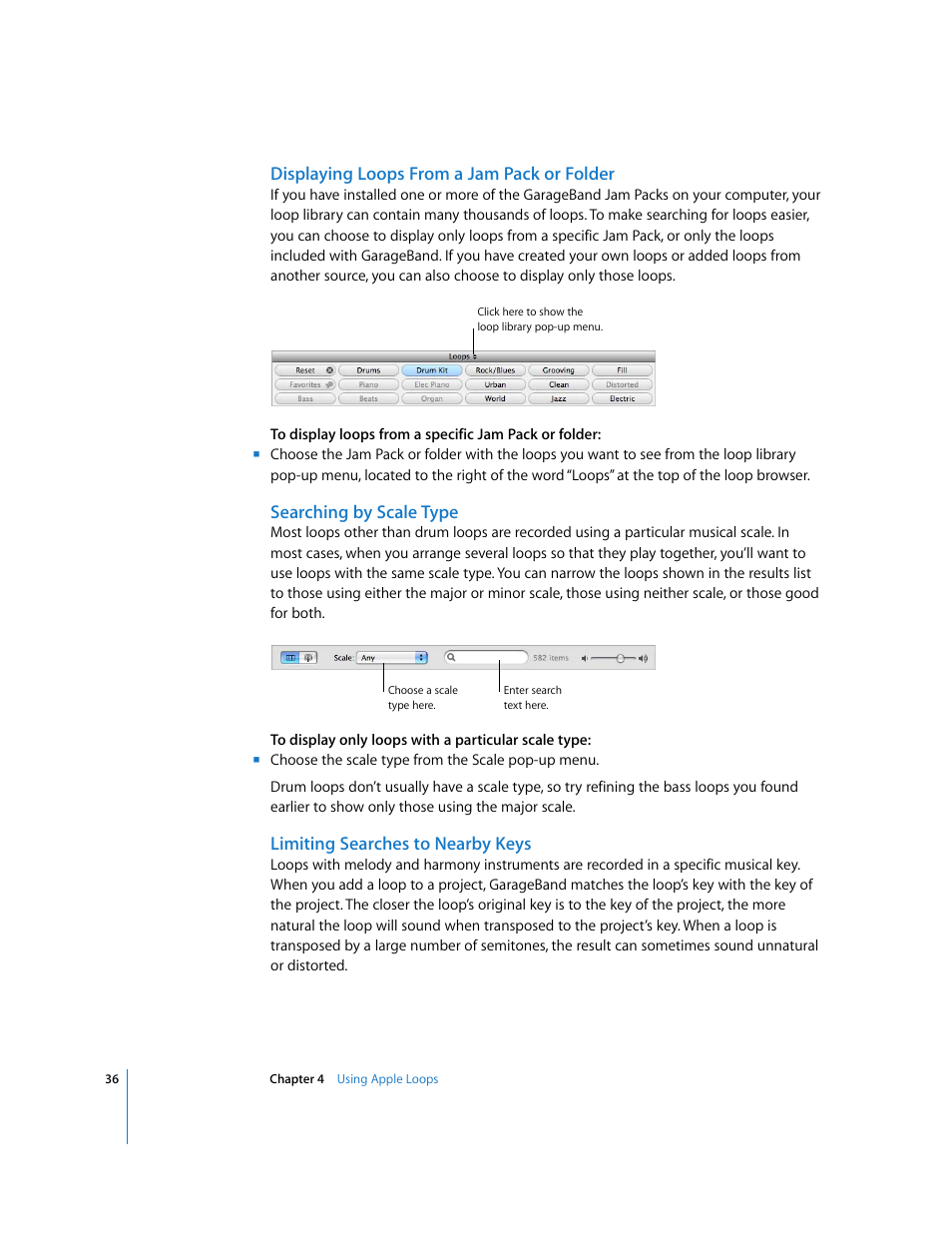 Displaying loops from a jam pack or folder, Searching by scale type, Limiting searches to nearby keys | Apple GarageBand 3 User Manual | Page 36 / 98