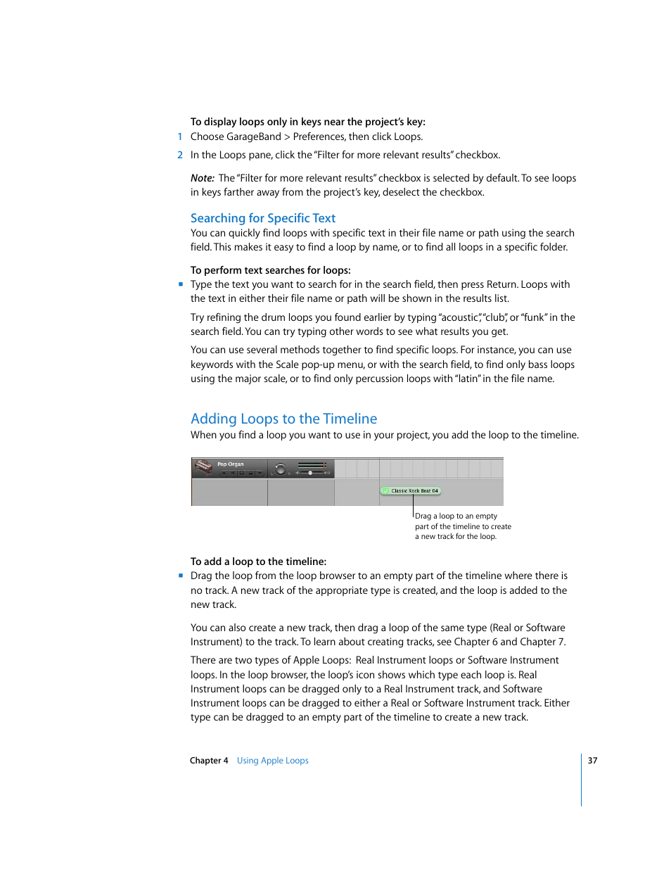 Searching for specific text, Adding loops to the timeline | Apple GarageBand 3 User Manual | Page 37 / 98