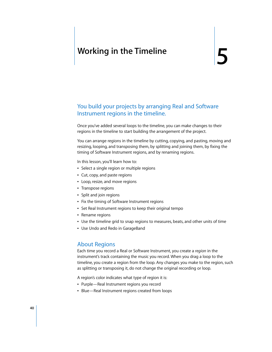 Working in the timeline, About regions, Chapter 5 | Working in the timeline” de | Apple GarageBand 3 User Manual | Page 40 / 98