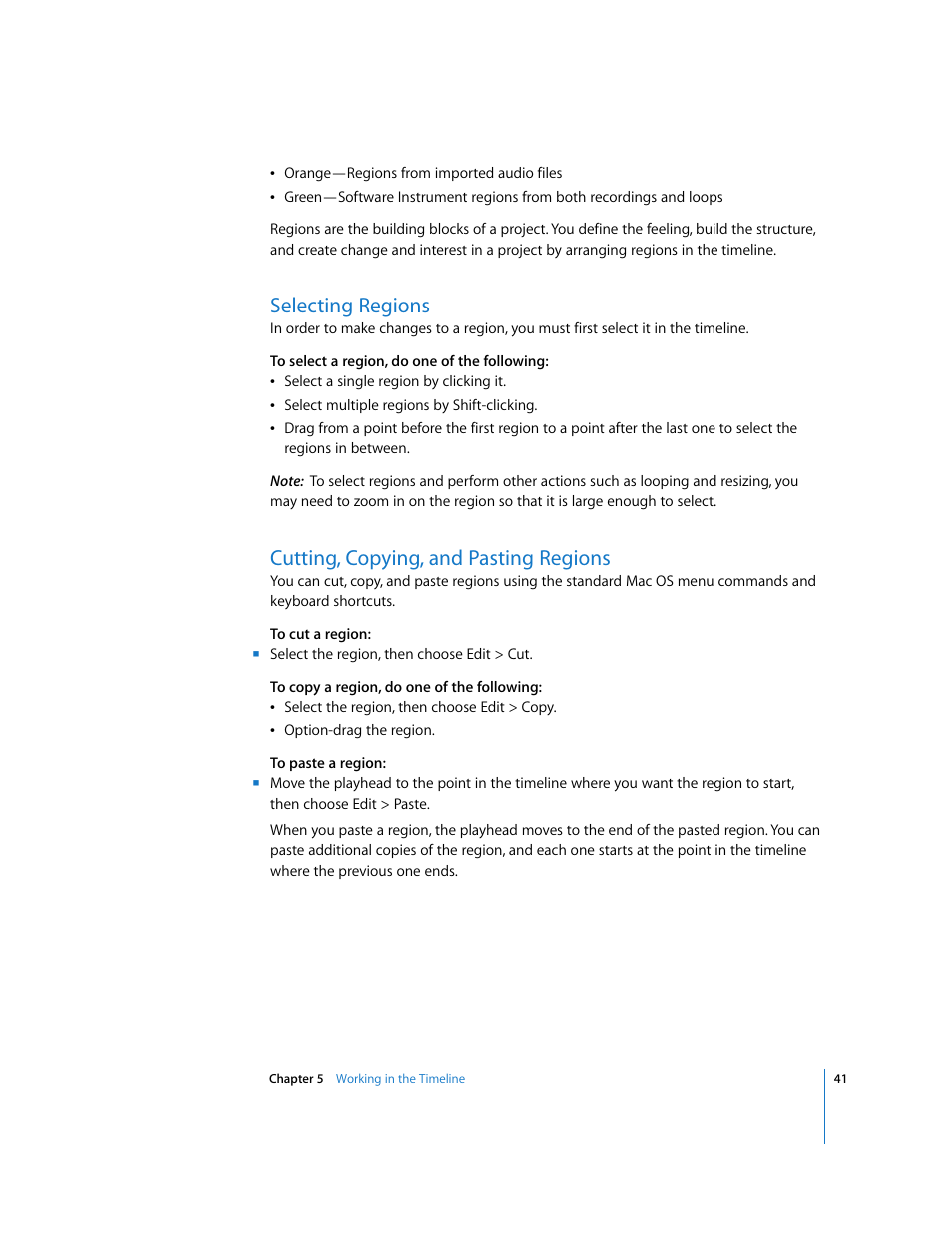 Selecting regions, Cutting, copying, and pasting regions | Apple GarageBand 3 User Manual | Page 41 / 98