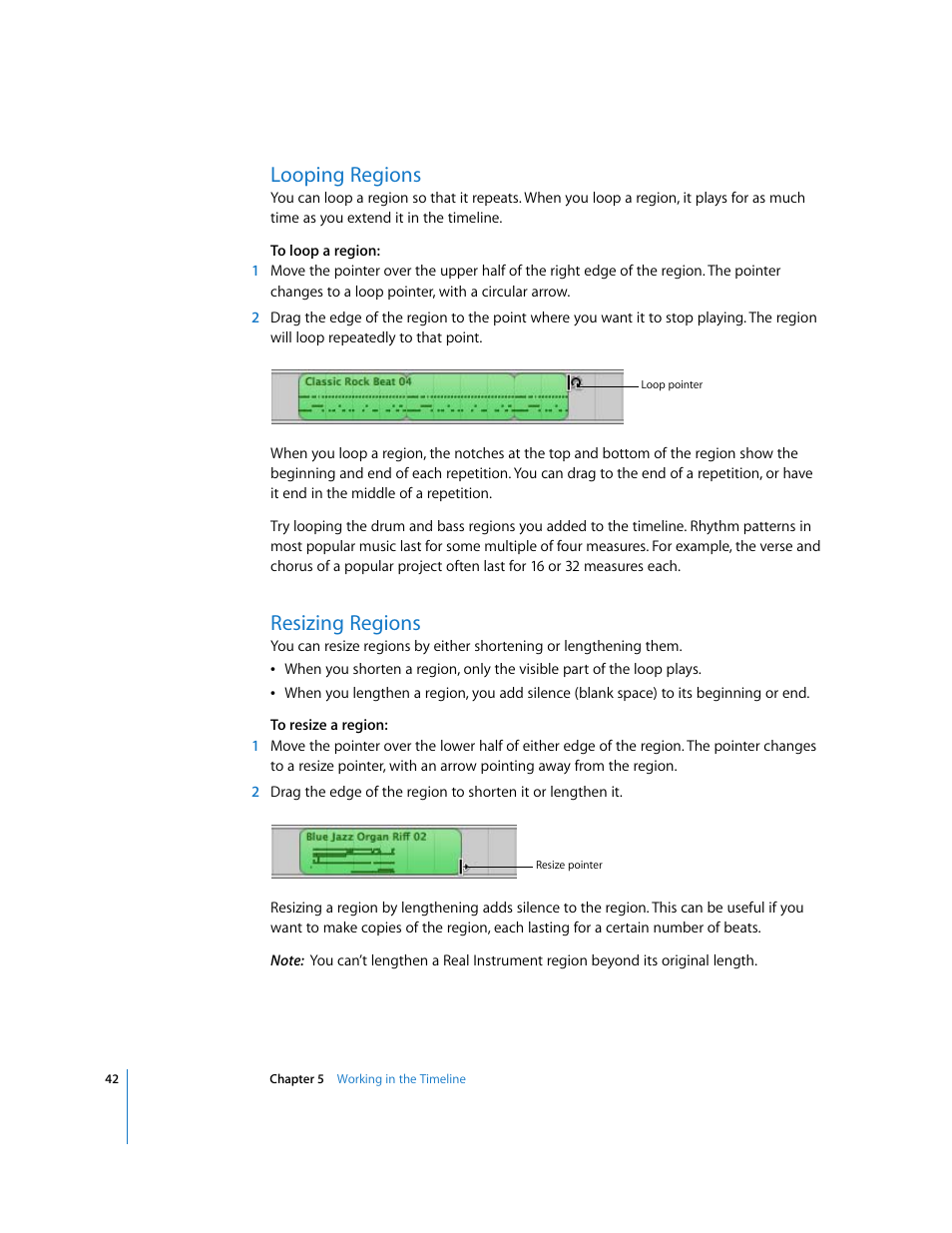 Looping regions, Resizing regions | Apple GarageBand 3 User Manual | Page 42 / 98