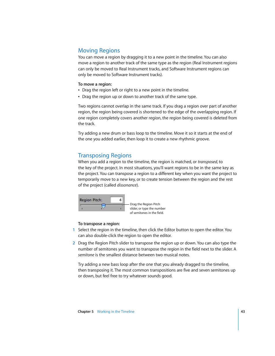 Moving regions, Transposing regions | Apple GarageBand 3 User Manual | Page 43 / 98