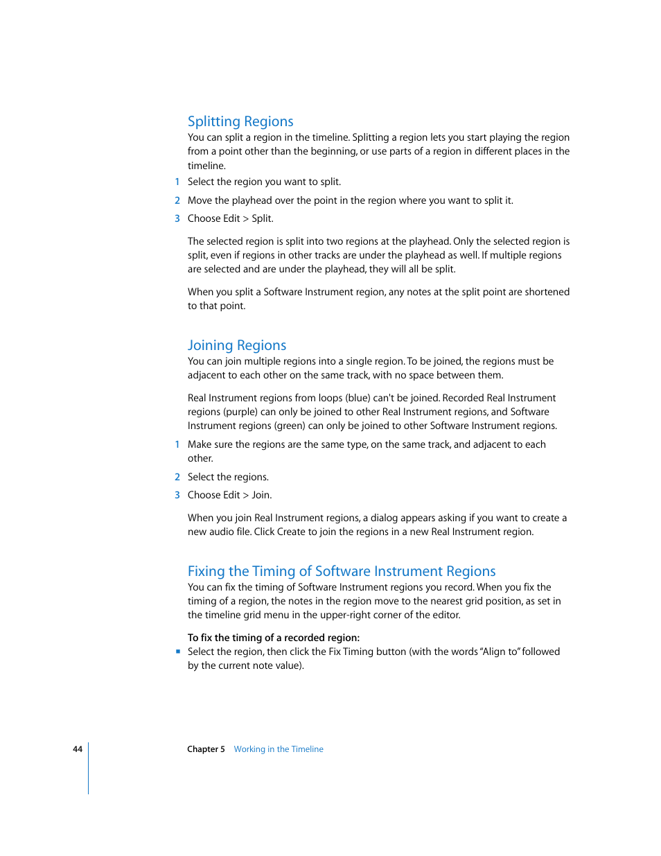 Splitting regions, Joining regions, Fixing the timing of software instrument regions | Apple GarageBand 3 User Manual | Page 44 / 98