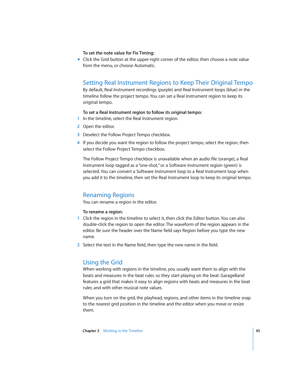 Renaming regions, Using the grid | Apple GarageBand 3 User Manual | Page 45 / 98