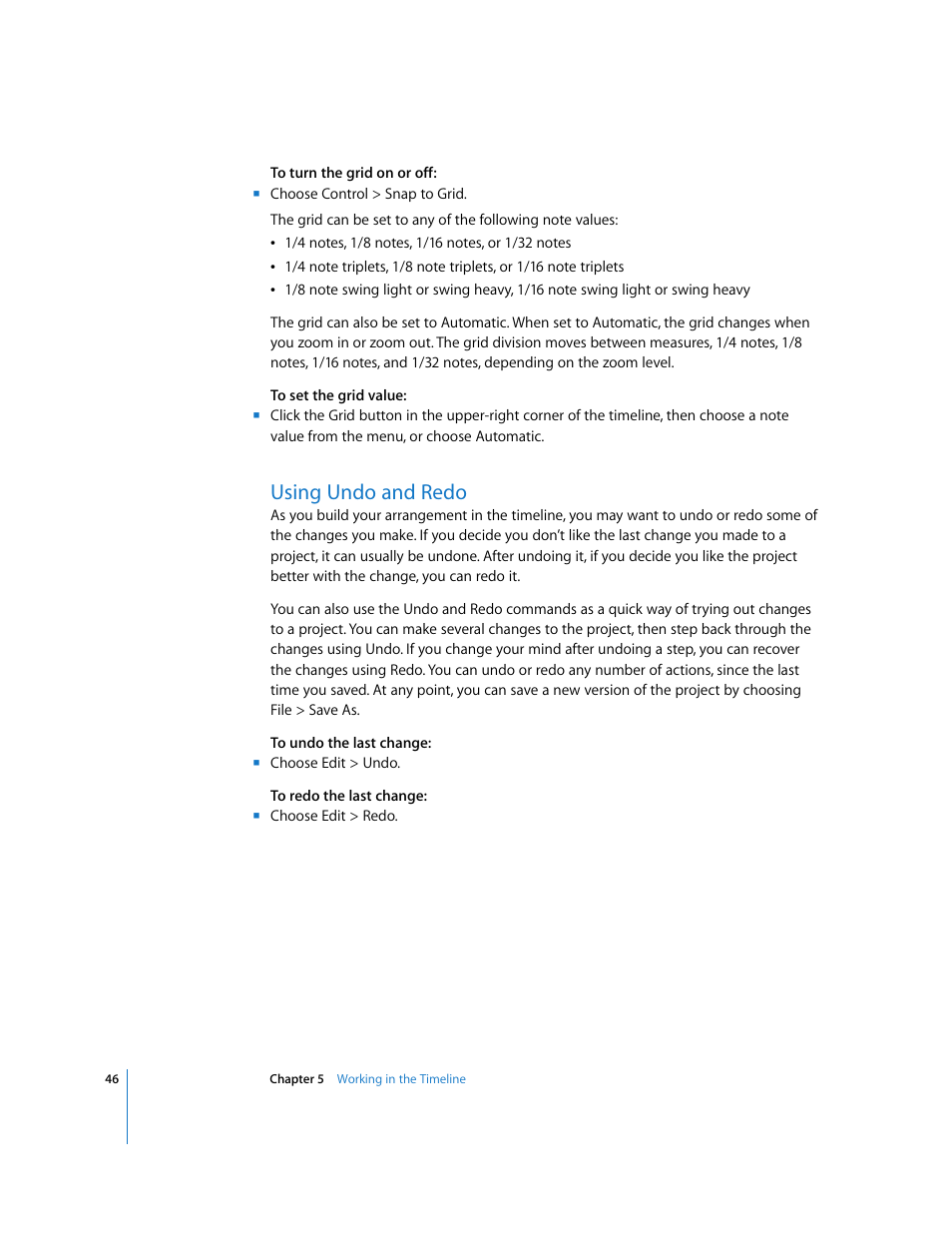 Using undo and redo | Apple GarageBand 3 User Manual | Page 46 / 98