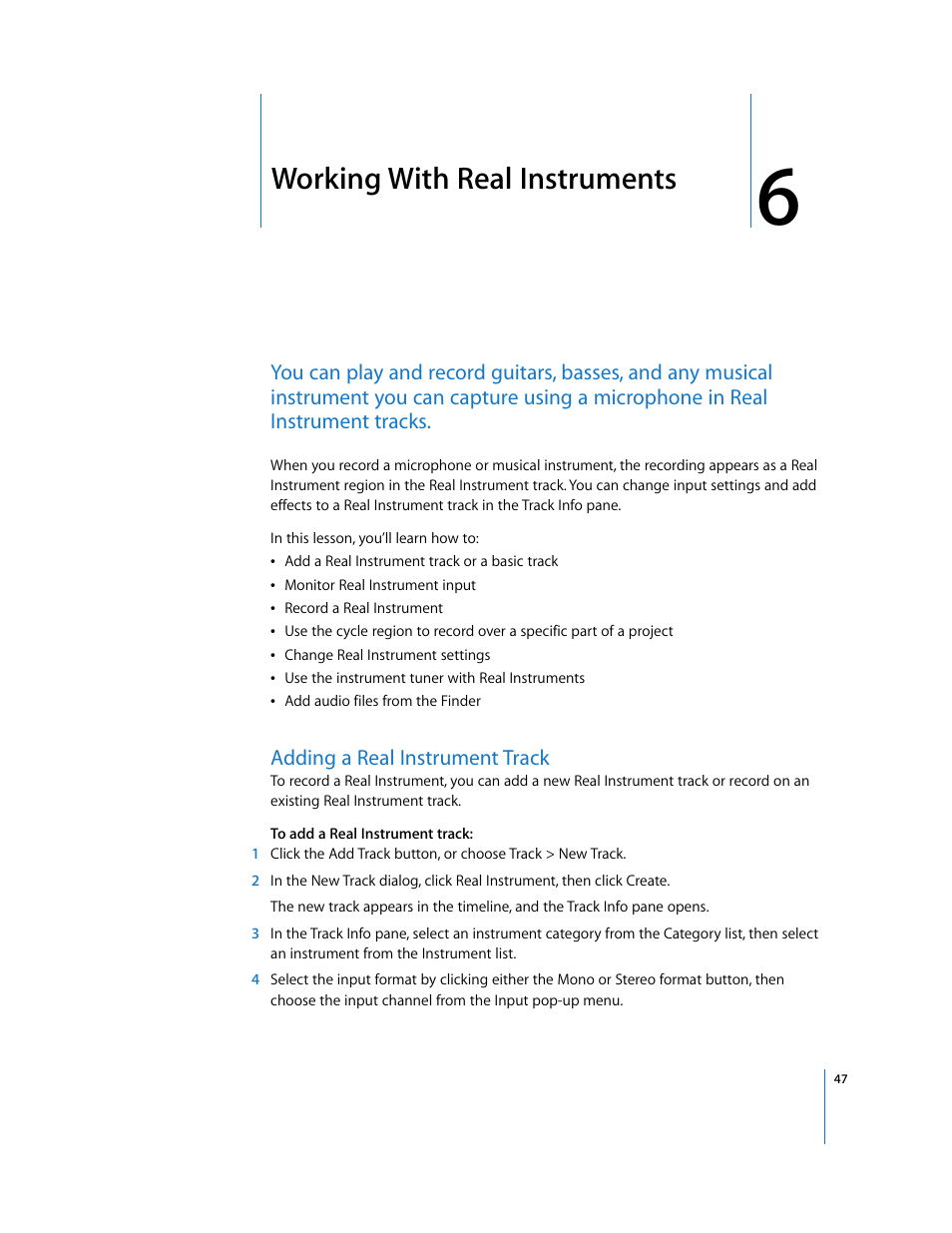 Working with real instruments, Adding a real instrument track, Chapter 6 | Working with real instruments” de | Apple GarageBand 3 User Manual | Page 47 / 98