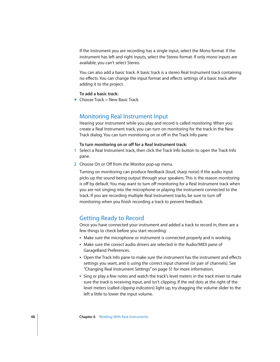 Monitoring real instrument input, Getting ready to record | Apple GarageBand 3 User Manual | Page 48 / 98