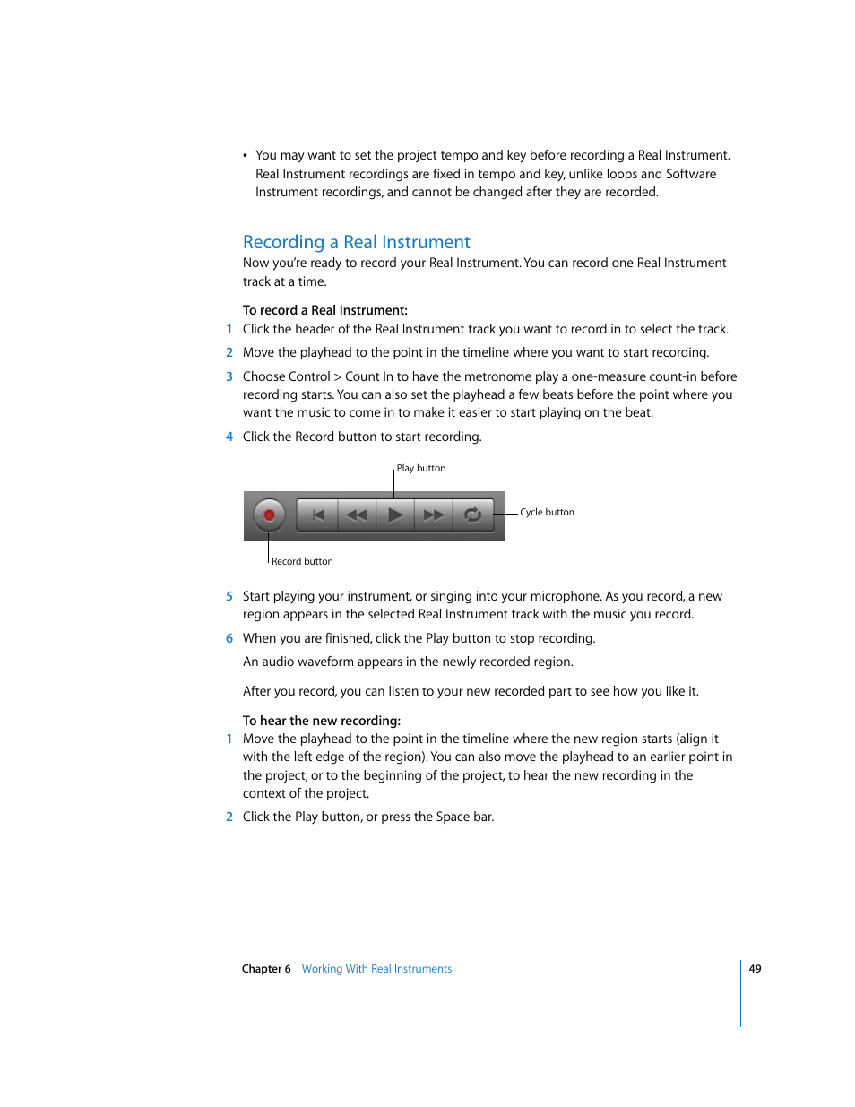 Recording a real instrument | Apple GarageBand 3 User Manual | Page 49 / 98