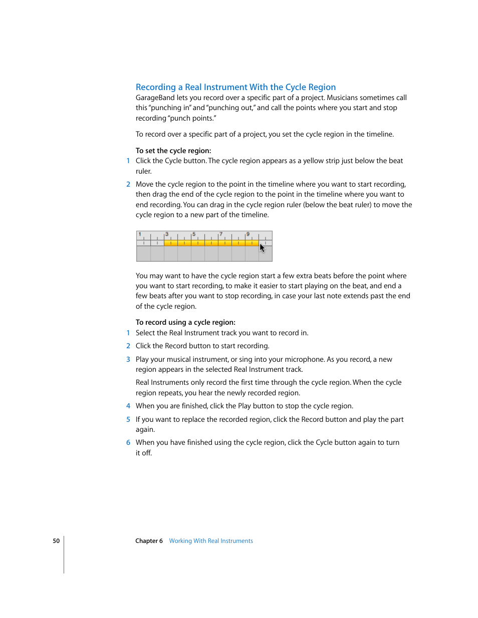 Recording a real instrument with the cycle region | Apple GarageBand 3 User Manual | Page 50 / 98