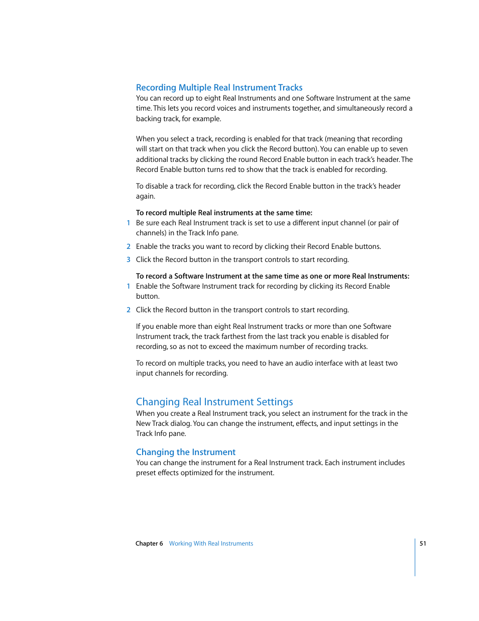 Recording multiple real instrument tracks, Changing real instrument settings, Changing the instrument | Apple GarageBand 3 User Manual | Page 51 / 98