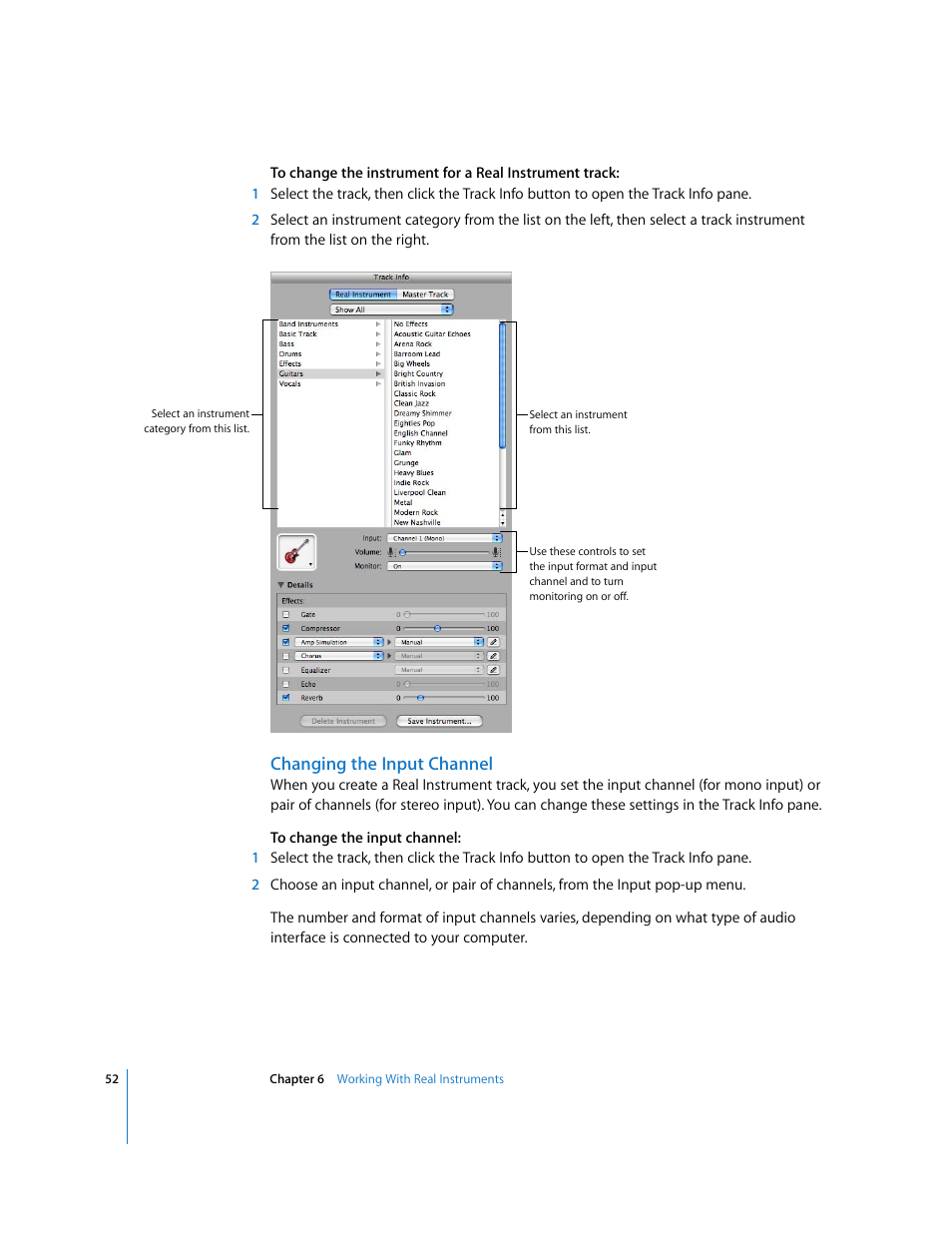 Changing the input channel | Apple GarageBand 3 User Manual | Page 52 / 98