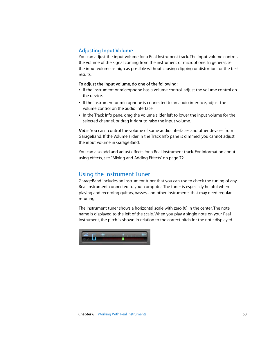 Adjusting input volume, Using the instrument tuner | Apple GarageBand 3 User Manual | Page 53 / 98