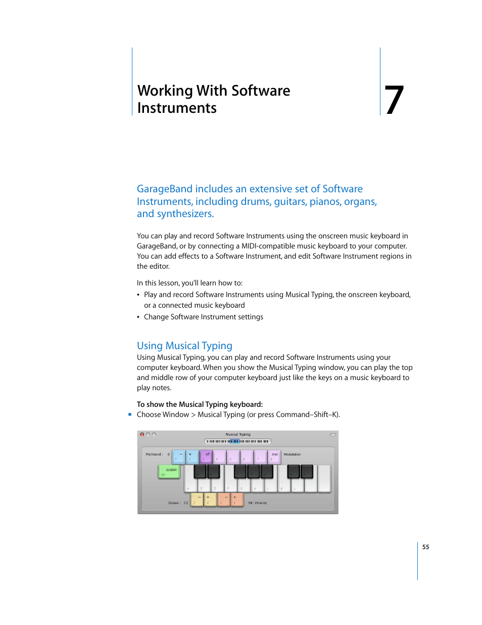 Working with software instruments, Using musical typing, Chapter 7 | Working with software instruments” de | Apple GarageBand 3 User Manual | Page 55 / 98