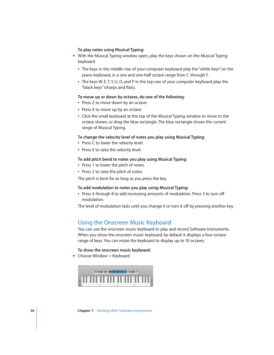 Using the onscreen music keyboard | Apple GarageBand 3 User Manual | Page 56 / 98