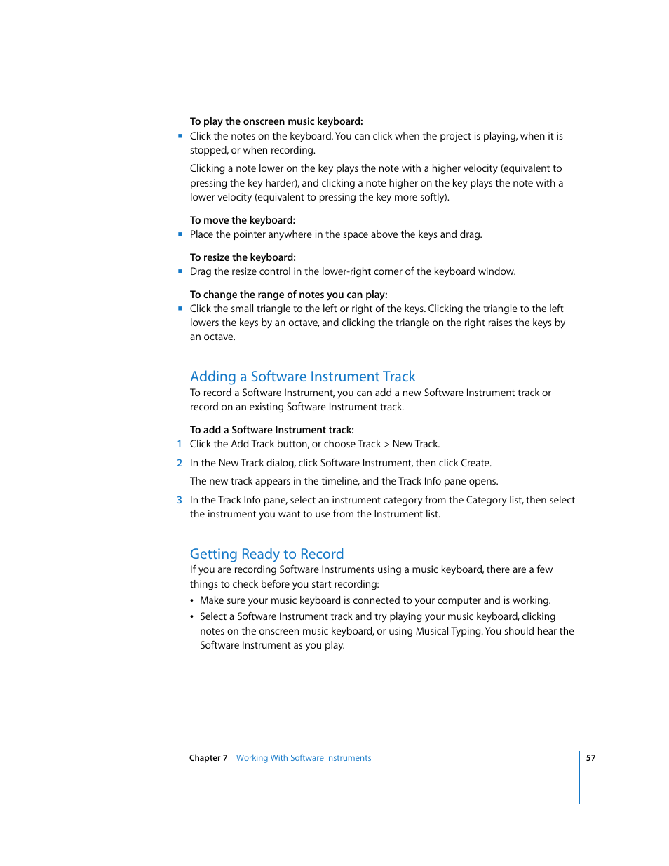 Adding a software instrument track, Getting ready to record | Apple GarageBand 3 User Manual | Page 57 / 98